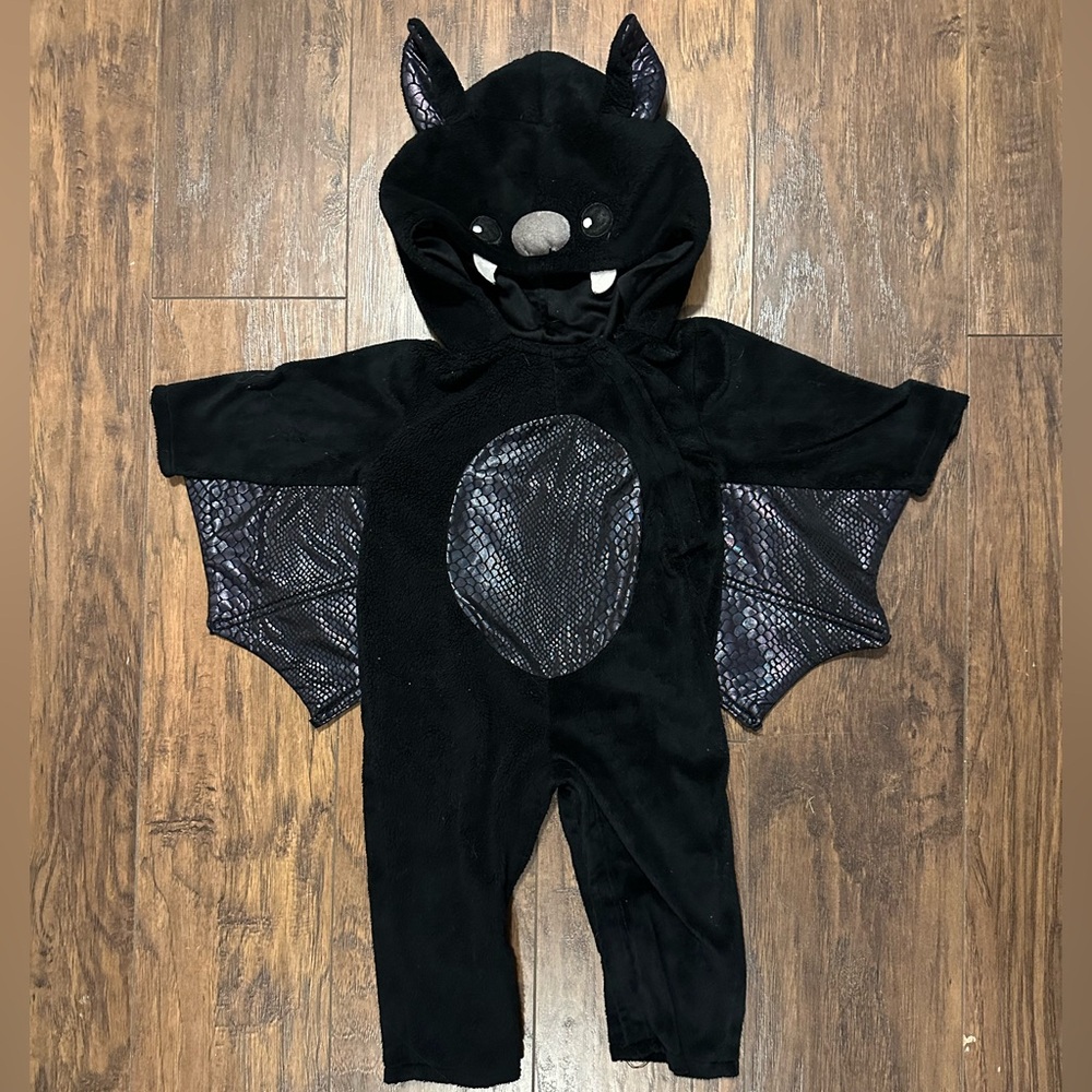 Kids Black Winged One Piece Onesie Bat Halloween Costume Hooded Ears Teeth
